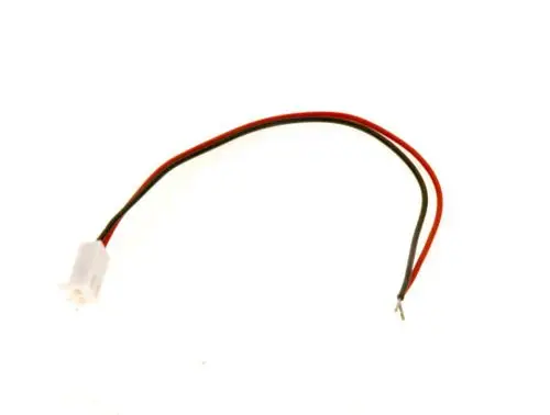 Bosch Relaiskabel mit einem weißen Stecker und zwei, rot und schwarz, isolierten Drähten, die zu offenen Enden führen.
